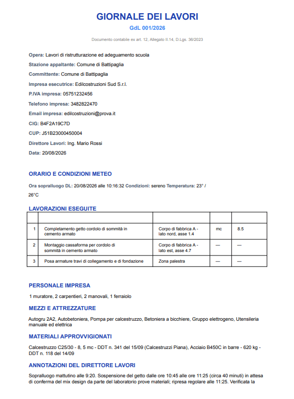 Giornale dei lavori compilato — esempio